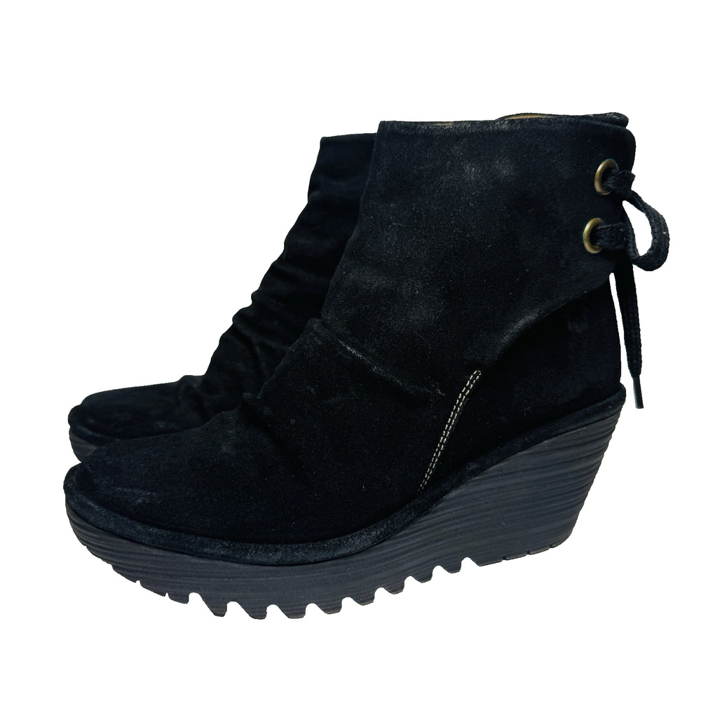 Fly London Women's Wedge Ankle Boots Shoes Sz 39 (US 8.5) Black Suede Tie Back